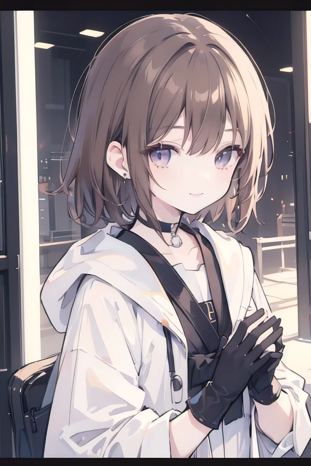 1girl, anime_coloring, black_eyes, black_gloves, brown_hair, choker, earrings, gloves, jewelry, letterboxed, parody, short_hair, smile, solo, style_parody,  