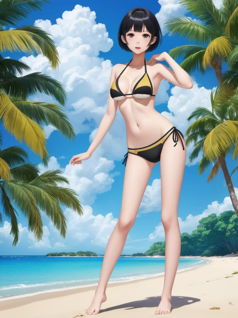 1girl、vtuber-fullbody、highest quality、Masterpiece、Official Art、The best composition、Super detailed、Standing in front of the viewer、short hair、Simple bikini、Small 、barefoot、Simple Background、Upright Pose、Character Design、