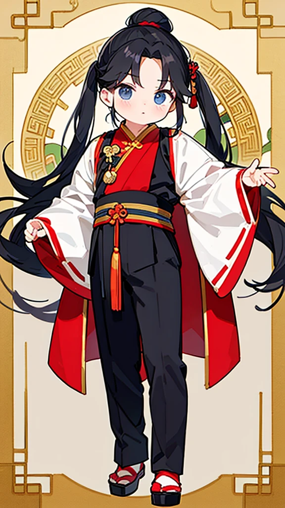 Three Kingdoms、Boy in ancient Chinese costume、Intelligent boy、Looking into the camera、There is a topknot on the head、Long sleeve、Hanfu、Black Hair、Standing and posing with arms crossed、part your bangs in the middle
