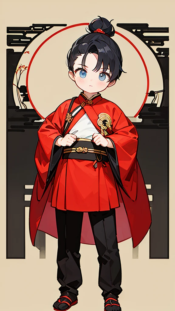 Three Kingdoms、Boy in ancient Chinese costume、Intelligent boy、Looking into the camera、There is a topknot on the head、Long sleeve、Hanfu、Black Hair、Standing and posing with arms crossed、part your bangs in the middle