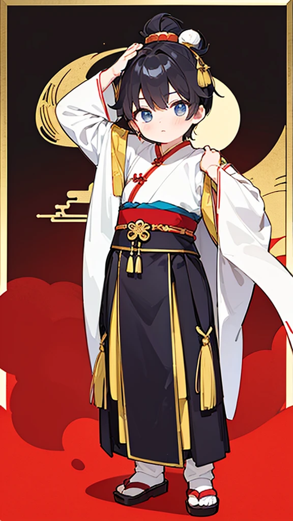 Three Kingdoms、Boy in ancient Chinese costume、Intelligent boy、Looking into the camera、There is a topknot on the head、Long sleeve、Hanfu、Black Hair、Standing and posing with arms crossed、part your bangs in the middle