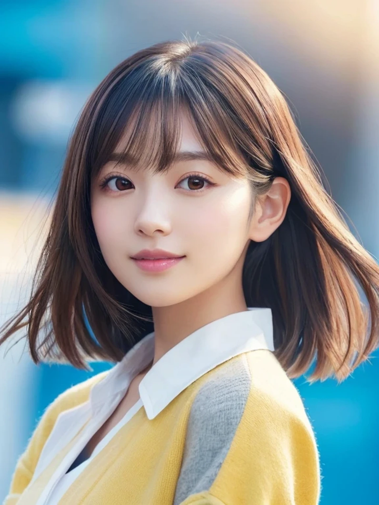 Beautiful Japanese Woman, Soft skin and a nice perfect face, A small face with a nose and rosy lips, Beautiful Eyes, Beautiful smile. black, Surrounded by a bright, ethereal glow、Thin, long, beautiful hair. A loose, short hairstyle with gradation highlights and layers of greyish beige, Navy band collar shirt x yellow houndstooth flare skirt, Bright neon colorful background, Hyperrealistic female photos, High quality high resolution 8K masterpiece