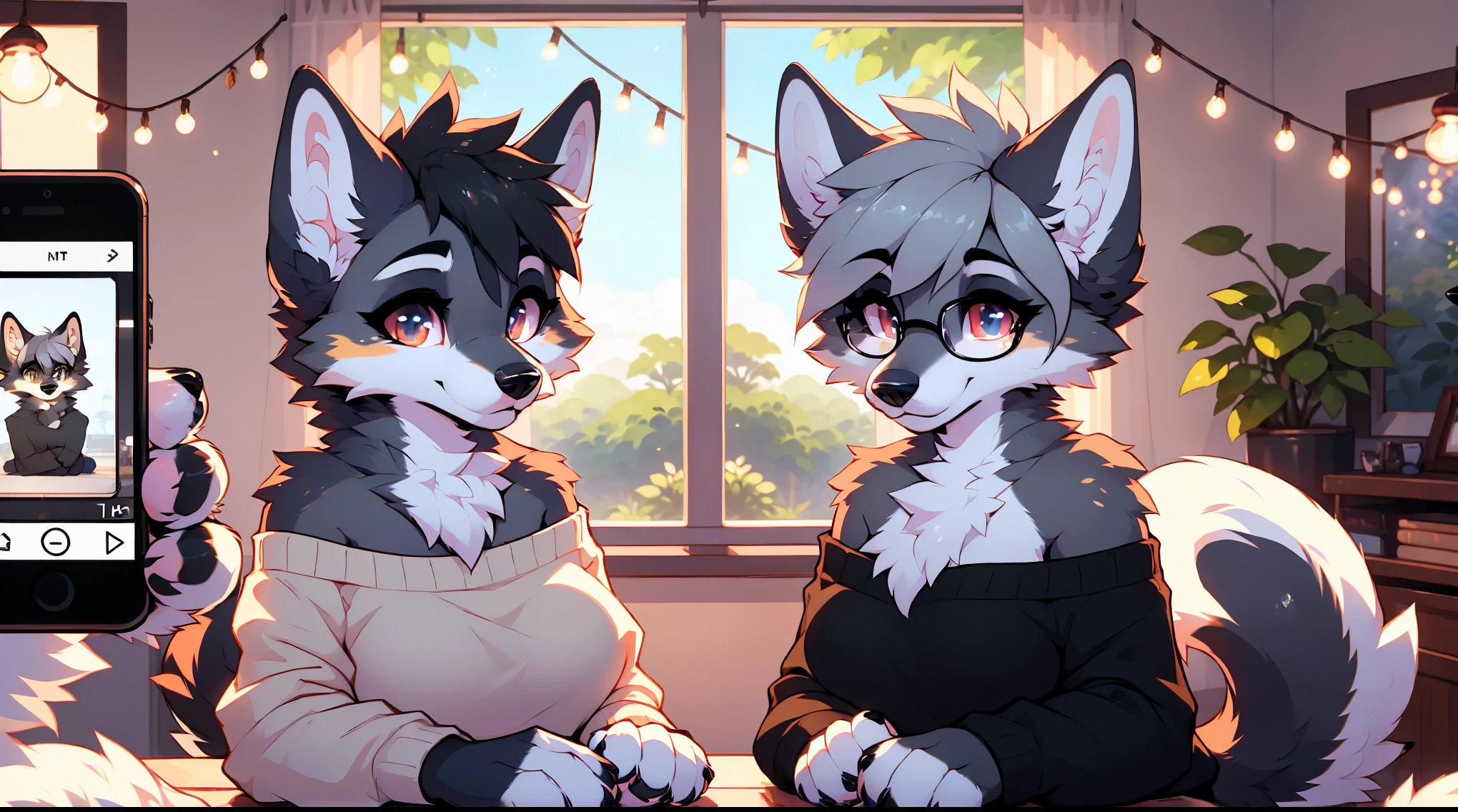 ((by reysi)), Best quality, super detailed illustration, warm colors, Ideal lighting, full body view, large breasts, wide hips, wearing large round glasses, (a duo of Fluffy girls Posing for a picture together dog:1.6), (Black fur:1.5) ,cute face, disheveled thick gray hair, short shorts, long black stockings, black long sleeve sweater, in a cosy room, tricky glance , slim, perfect body, anime eyes