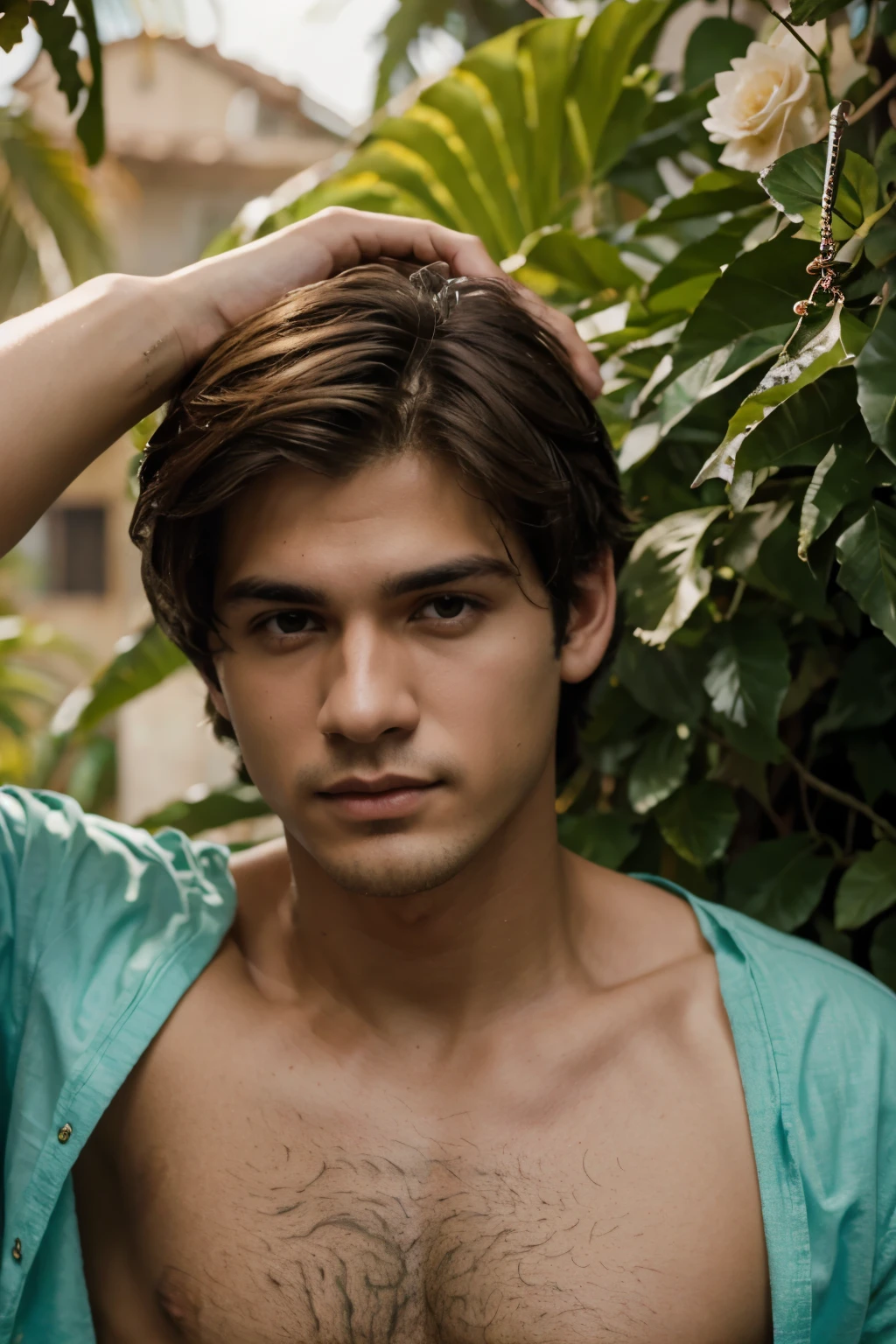 Hombres joven peli rubio con un ojo verde y el otro dorado con tunica griega y una corona de flores 