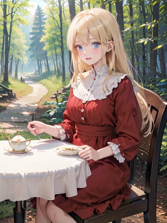 (8k, highest quality, Tabletop:1.2)、Ultra-high resolution, Detailed face, One 65-year-old woman, blue eyes, Blonde, Long Hair, Red dress, blue sky, in the forest, wood々, table cloth, Set of cake and tea on the table, Sit on a chair