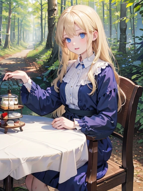 (8k, highest quality, Tabletop:1.2)、Ultra-high resolution, Detailed face, One 65-year-old woman, blue eyes, Blonde, Long Hair, Red dress, blue sky, in the forest, wood々, table cloth, Set of cake and tea on the table, Sit on a chair