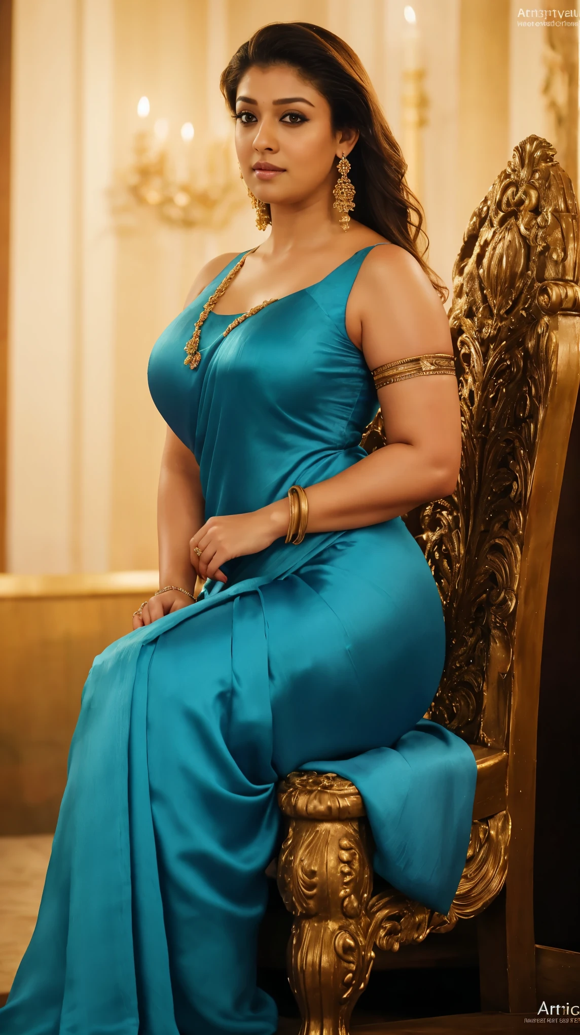 night scene, close up photo of nayanthara, curvy, hourglass figure, swooping breasts, royal pose on throne, look at viewer lusciously, satin silk blue saree, sultry, 36 yo, HD, 4k, ultra high quality, (cinematic:1.3), intricate details, (ArtStation:1.2)