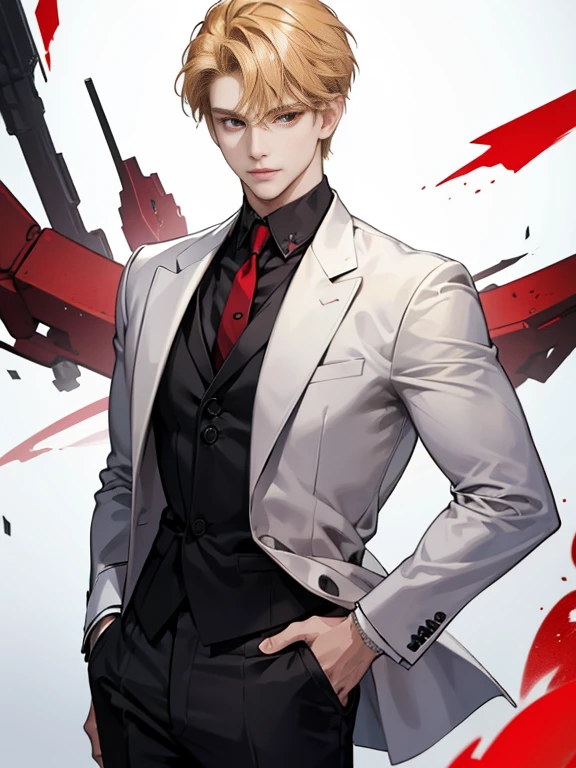Masterpiece, best quality, finely details, red eyes, short blonde hair, smirk facial expression, white shirt, elegant, black suit, black pants.