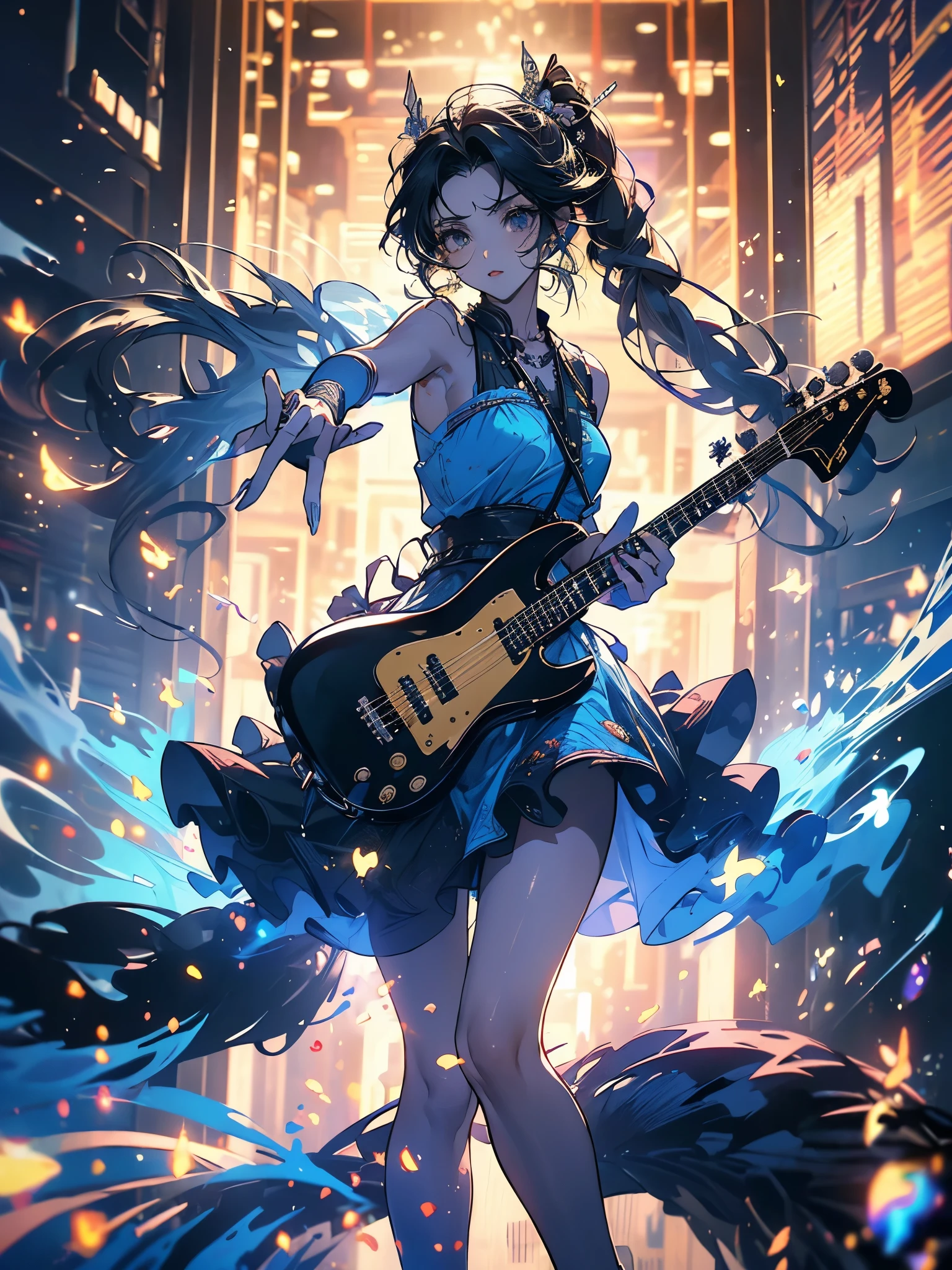 ((Obra de arte, melhor qualidade))1 garota, Sozinho, vestido preto, olhos azuis, electric guitar, guitarra, fones de ouvido, rabo de cavalo duplo, containment, containment plectrum, instrument, cabelo longo, Music, um lado para cima, teal hair, twin tails, tocando guitarra, saia plissada, (((corpo inteiro, seios medios, cabelos longos espalhados, Feet up, tenis colorido de cano alto)))