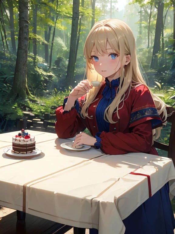 (8k, highest quality, Tabletop:1.2)、Ultra-high resolution, Detailed face, One 65-year-old woman, blue eyes, Blonde, Long Hair, Red dress, blue sky, in the forest, wood々, table cloth, Set of cake and tea on the table, Sit on a chair