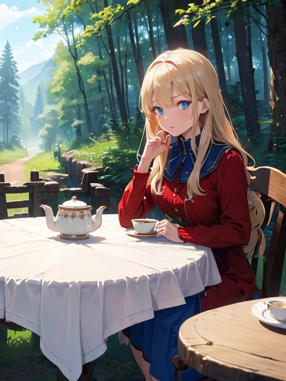 (8k, highest quality, Tabletop:1.2)、Ultra-high resolution, Detailed face, One 65-year-old woman, blue eyes, Blonde, Long Hair, Red dress, blue sky, in the forest, wood々, table cloth, Set of cake and tea on the table, Sit on a chair