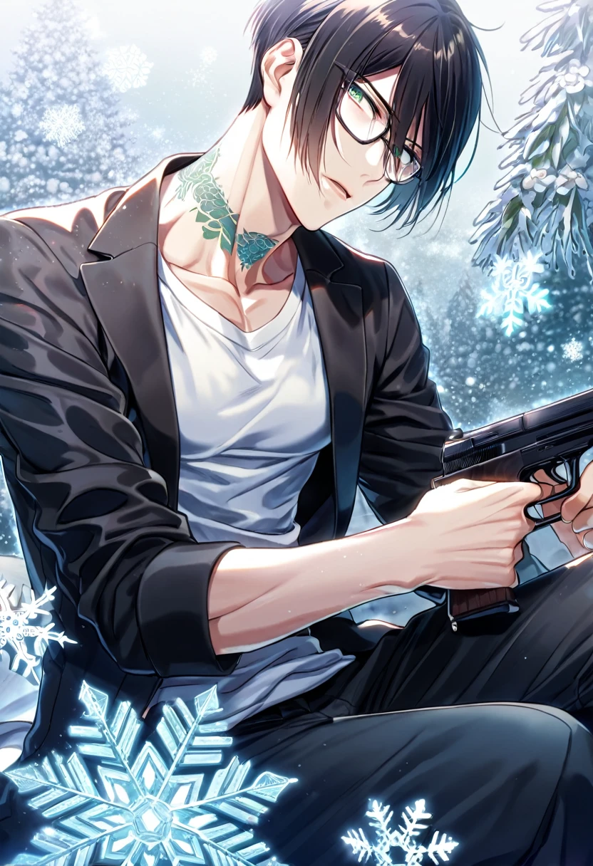 Ultra detailed, HDR, Highres, absurdres, master piece, Ginoza Nobushika, black hair, expressive green eyes, glasses, Psycho Pass, ice butterflies, winter, ice, snowflakes, white flowers, sexy man, solo, extremely detailed face and eyes, handsome, glittering, toned chest, white shirt, tattoo on his neck, black coat, black necktie, sitting, black pants, holding a gun,