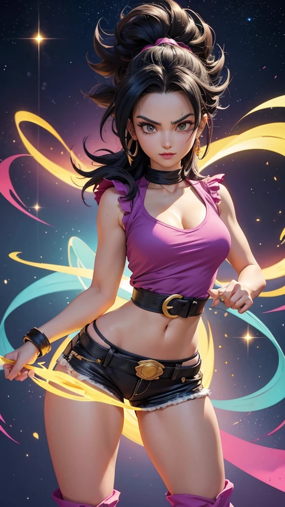 Caulifla guerrera saiyajin, dragon ball super, traje iconico espectacular top y mini shorts ajustados de color magenta, black boots and a green belt, torneo del poder, sexy, hermosa, poderosa, abdomen tonificado, cuerpo muy delgado, skinny body, pose de combate, fondo en el espacio con planetas y lunas brillantes, luz resplandeciente, light energy, aura personal iluminada color dorado, muy Realista, detalles perfectos, foto realista, 8k, natural