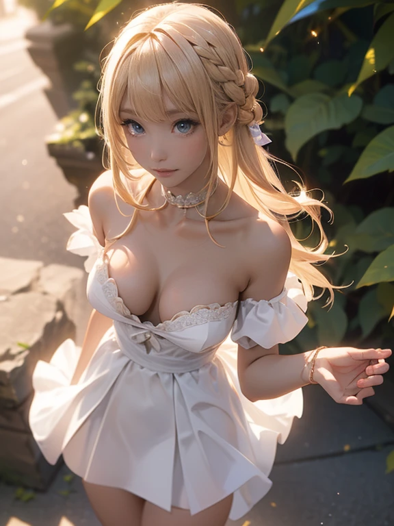 masterpiece、A perfect depiction of beautiful hands and fingers(Increase contrast)、(Increase saturation)、(25歳のDark Skinの女性、stare、Dark Skin)、(((Dark Skin)))Beautiful woman with perfect figure、((Sparkling eyes、tears))Embarrassed face、((((Blonde shoulder-length hair))))(大きく開いた胸を持つ世界で最もかわいいゴシックMaid、Very short mini skirt))Blurred Background、、Dark Skin色、Beautiful and huge breasts、Beautiful valley、Narrow waist、Short sleeve、Look at the viewer、Maid、Maidエプロン、Maidの頭飾り、Puffy sleeves、、Stand Sexy、Dark Skin(((Shot from directly below、Thighs)))(((Upper body naked)))