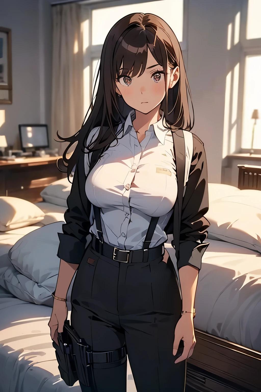 Brown Hair、Staring at the audience　　　Black suspenders　　　bulging big breasts　　 　 　　　wall: 　Black pantsuit　　　　　　sight　　　Small face　 　　　holster　　　Beautiful woman　　Show your hand　　 Lying in bed　　sight 　　Taunt　side　side汗 　arm　Dress shirt　Black Suit　belt