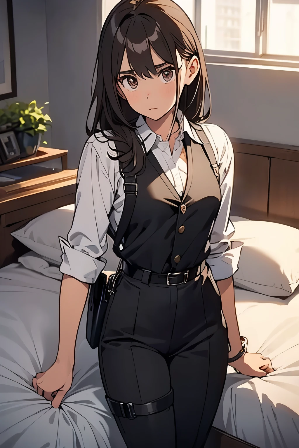 Brown Hair、Staring at the audience　　　Black suspenders　　　bulging big breasts　　 　 　　　wall: 　Black pantsuit　　　　　　sight　　　Small face　 　　　holster　　　Beautiful woman　　Show your hand　　 Lying in bed　　sight 　　Taunt　side　side汗 　arm　Dress shirt　Black Suit　belt