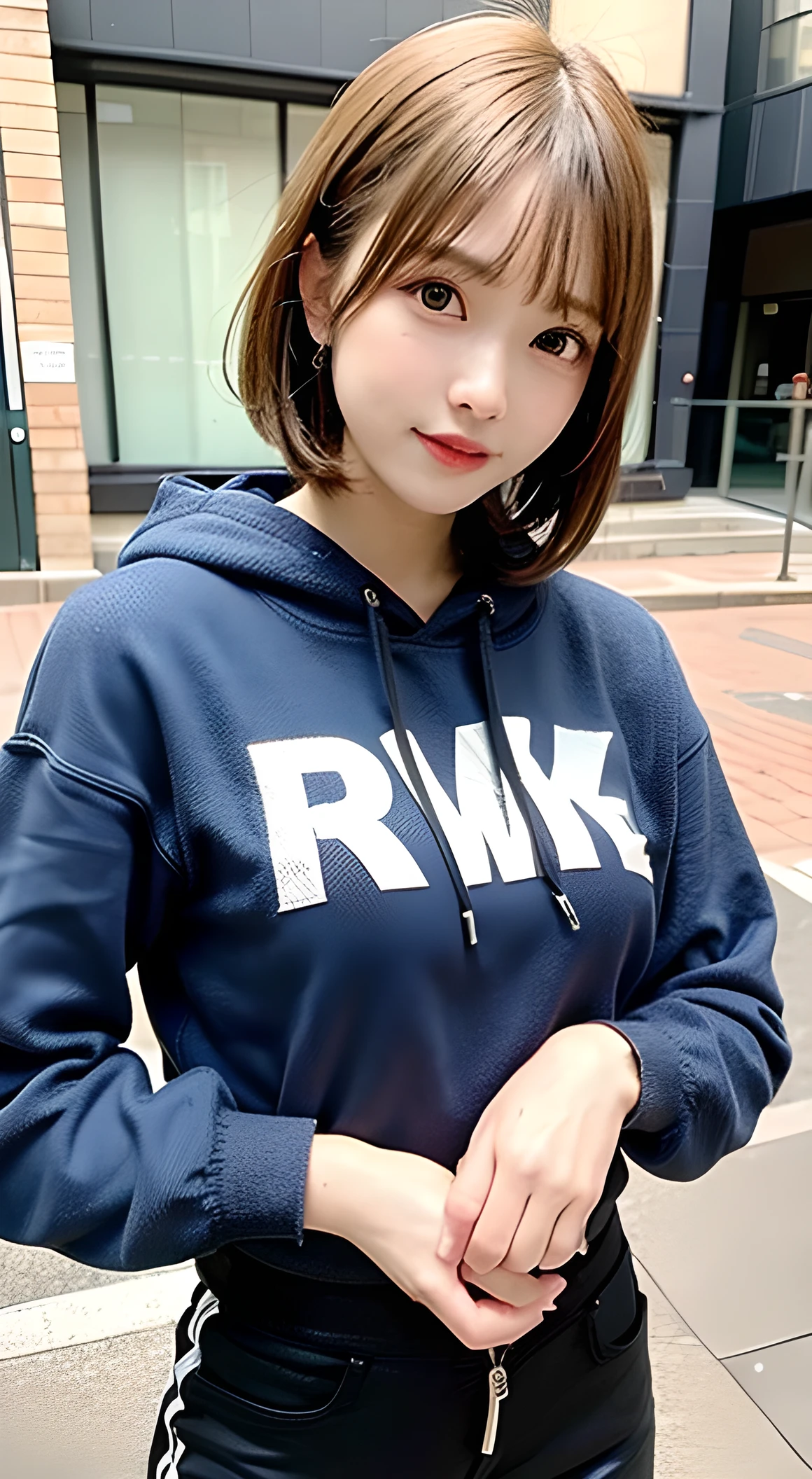 (8k, RAW Photos:1.2)Detailed face and eyes,最high quality, 超A high resolution, Very detailed ,Intricate details ,Tabletop ,pretty girl , Soft cinematic light, Hyper Detail,Sharp focus, high quality, Blonde Hair, Bobcut, outside, hoodie,skinny pants