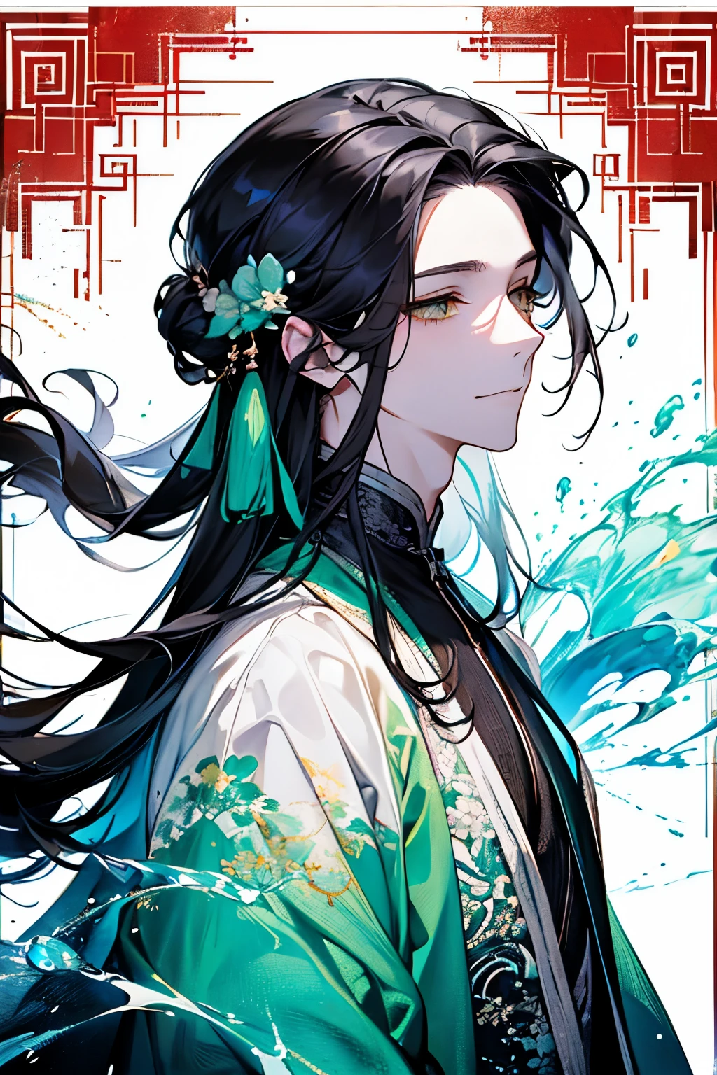(Adult male around 30 years old:1.45)、(masterpiece、highest quality、highest quality、Beautiful and beautiful:1.2)、(Good anatomy:1.5)、(Painting of a Man with milky black wave hair:1.3)、(half up and half down hairstyle:1.4)、Shy smile、Sparkling Eyes、((long hair:1.2))、(black hair:1.45)、(black、Lightgreen、orange、yellow:1.2)、(Chinese hanfu concept:1.25)、(chinese style study background:1.35)、Close-up of face