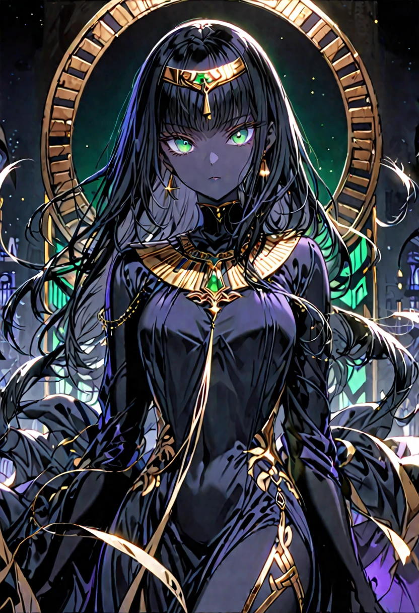 solo, female, medium shot, sfw, humanoid figure, slender, athletic build, 6 ft, obsidian black skin, smooth skin, extremely long silky black hair, straight and free-flowing hair, emerald green eyes, large eyes, almond-shaped eyes, thick lashes, gold iris, thin and arched eyebrows, intelligent, flowing robe, form-fitting robe, midnight blue silk, modest clothes, feminine silhouette, silver pendant, quiet confidence, timeless beauty, egyptian, night