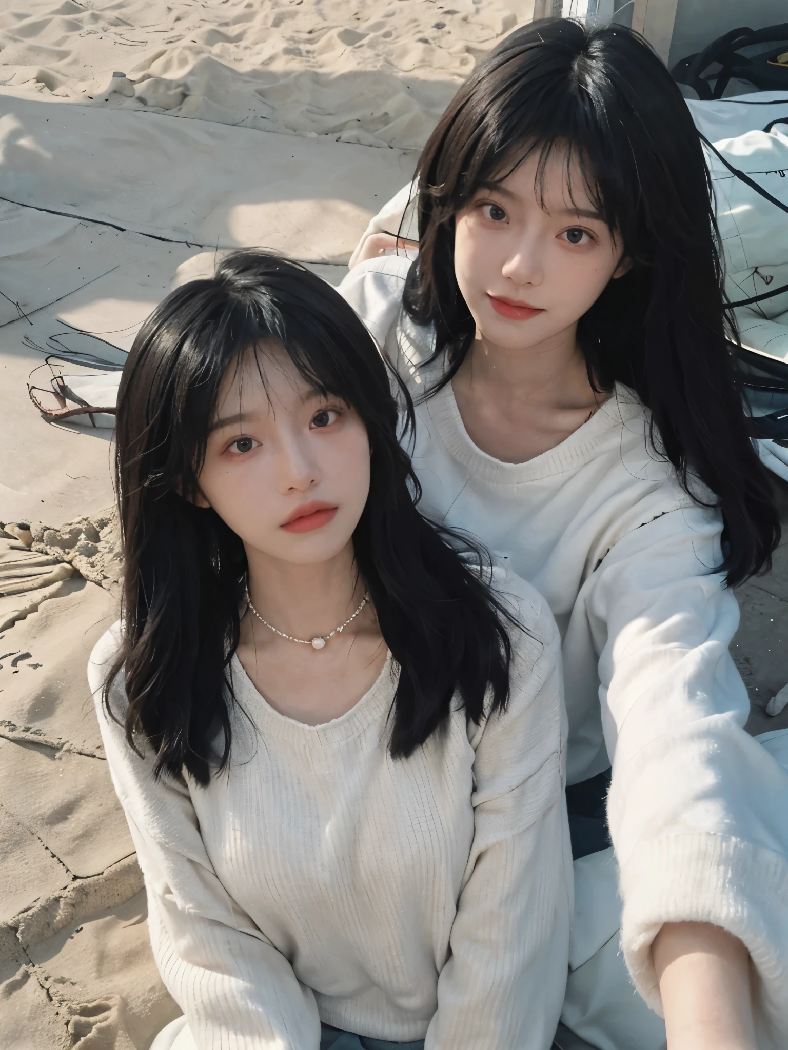 best qualtiy, Ultra-high resolution, (realisticlying:1.4),cute hairpin,1girll,with long coiled hair,Quartered sweater ,Blushlush,Beautiful woman with a slim figure:1.4, Pronounced abs,On the sandy beach,Ultra-fine face,Elaborate Eyes,double eyelid,choker necklace