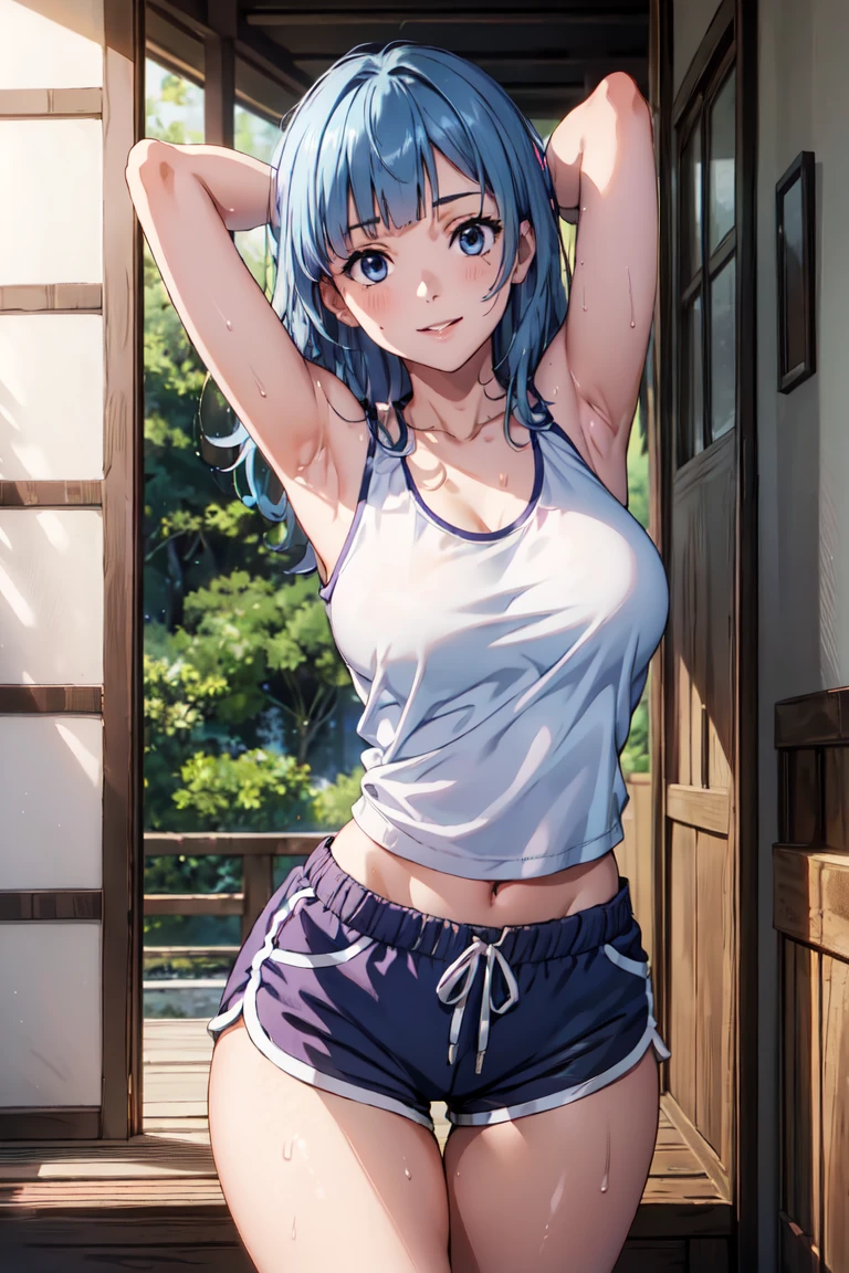 (extremely detailed CG unity 8k wallpaper),(masterpiece),(best quality),(ultra-detailed),(best illustration),(best shadow),(absurdres),  Kasumi, 1girl, solo, blue hair, long hair, blue eyes, smile, holding, bangs, blunt bangs, indoors, upper body, straight hair, tanktop, sleeveless, collarbone, bare shoulder, Standing in bedroom , large breasts, hands in lap, thick thighs, facing camera, looking at viewer, (wide hips), beautiful japanese garden background, dolfine shorts, dshorts, lips seperated, cleavege, athletic shorts, Extremely tight shorts,booth shorts, perfect face, kasumi miwa, miwa, handsome on head, arms up, sweating ,hot,