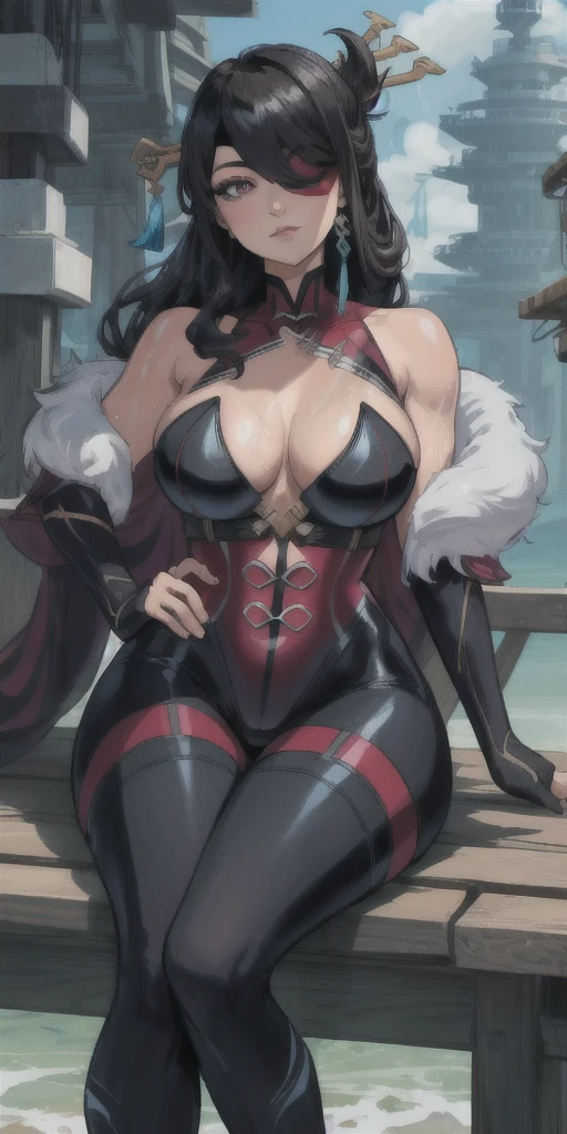 spider gwen style, marvel, ghost spide, beidou genshin inpac wearin spider gwen clothes, Beautiful woman, mercenary, heroic, , sitting cross-legged, wet beachwear, long breasts, detailed realistic cyberpunk style, black hair, masterpiece, extreme quality, perfect eyes, perfect body, perfect face, cinematic light, digital drawing, neckline, large breasts, 1girl only, 2 legs only, two arms, perfect body, mature female, soft, perfect and detailed hands, detailed background, thick eyelashes, makeup, eyeshadow, curvy, inside a ship
