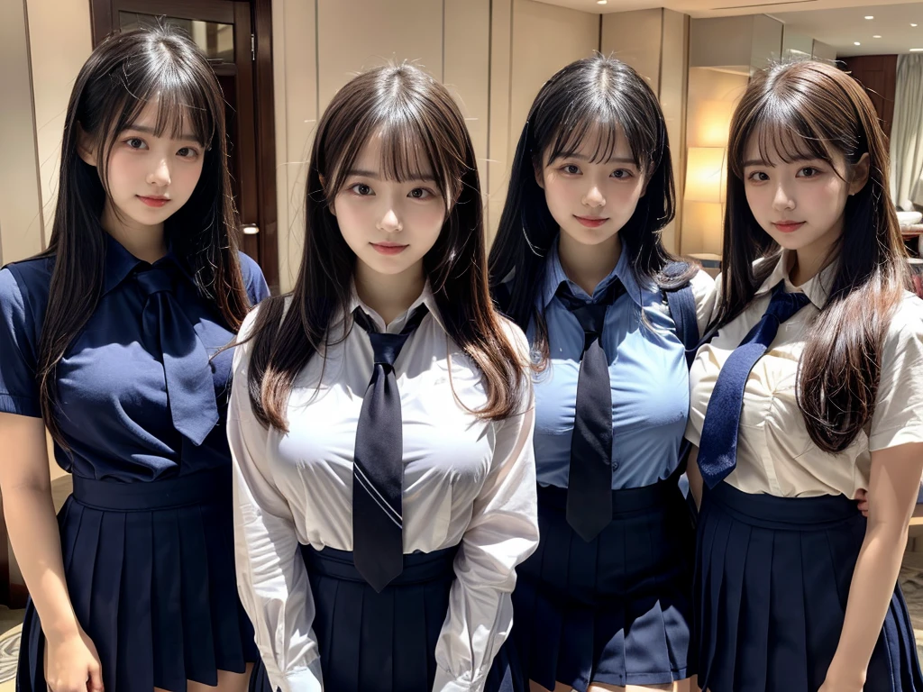 (8K, Raw photography, top-quality, masterpiece:1.2), ((3 beatiful girls))、.(Realistic Skins 1.4)、(((female high-school student、School Uniforms、)))、{{(The background is a luxury hotel room}}((School Uniforms、white Cutter shirt、darkblue pleatedskirt))、((long hair))、((One has short hair)),(A dark-haired、The forehead is hidden by bangs、)、Black eyes、shinny skin.Beautiful delicate face、Beautiful delicate eyes、{Voluptuous body shape、Thicker thighs}、One piercing in each ear,((large breasts)), ((navy blue tie)) ,looking at camera, ((close up))