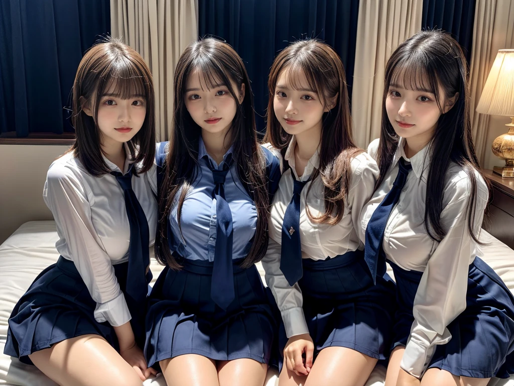 (8K, Raw photography, top-quality, masterpiece:1.2), ((3 beatiful girls))、.(Realistic Skins 1.4)、(((female high-school student、School Uniforms、)))、{{(The background is a luxury hotel room}}((School Uniforms、white Cutter shirt、darkblue pleatedskirt))、((long hair))、((One has short hair)),(A dark-haired、The forehead is hidden by bangs、)、Black eyes、shinny skin.Beautiful delicate face、Beautiful delicate eyes、{Voluptuous body shape、Thicker thighs}、One piercing in each ear,((large breasts)), ((navy blue tie)) ,looking at camera, ((close up))