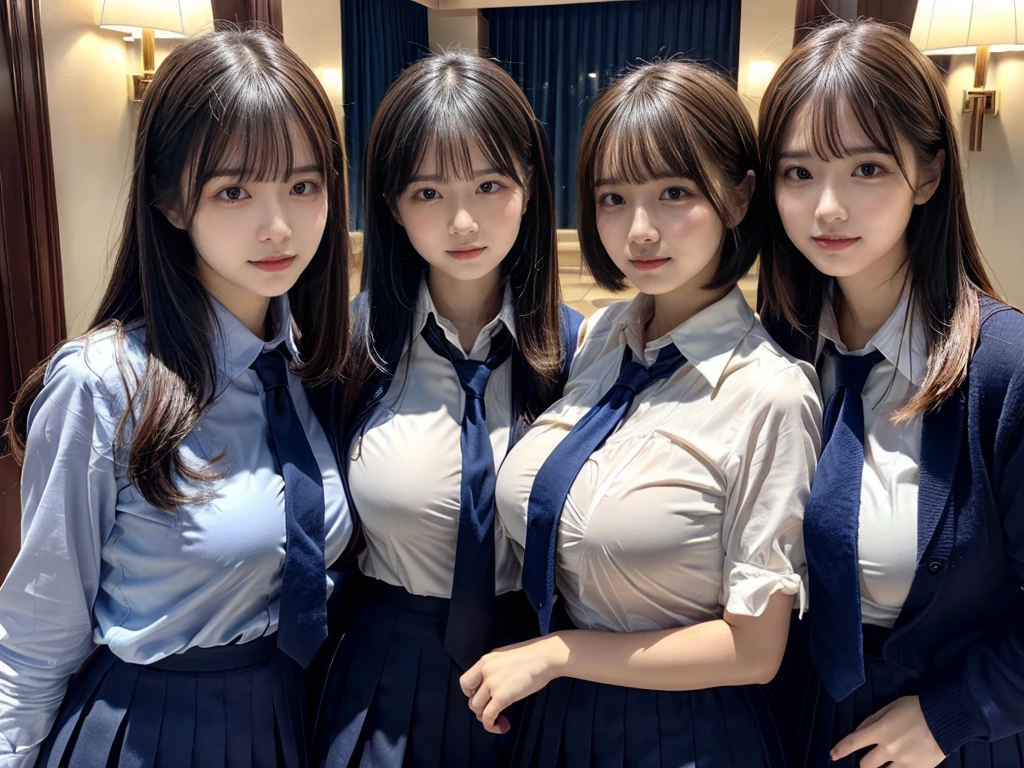 (8K, Raw photography, top-quality, masterpiece:1.2), ((3 beatiful girls))、.(Realistic Skins 1.4)、(((female high-school student、School Uniforms、)))、{{(The background is a luxury hotel room}}((School Uniforms、white Cutter shirt、darkblue pleatedskirt))、((long hair))、((One has short hair)),(A dark-haired、The forehead is hidden by bangs、)、Black eyes、shinny skin.Beautiful delicate face、Beautiful delicate eyes、{Voluptuous body shape、Thicker thighs}、One piercing in each ear,((large breasts)), ((navy blue tie)) ,looking at camera, ((close up))