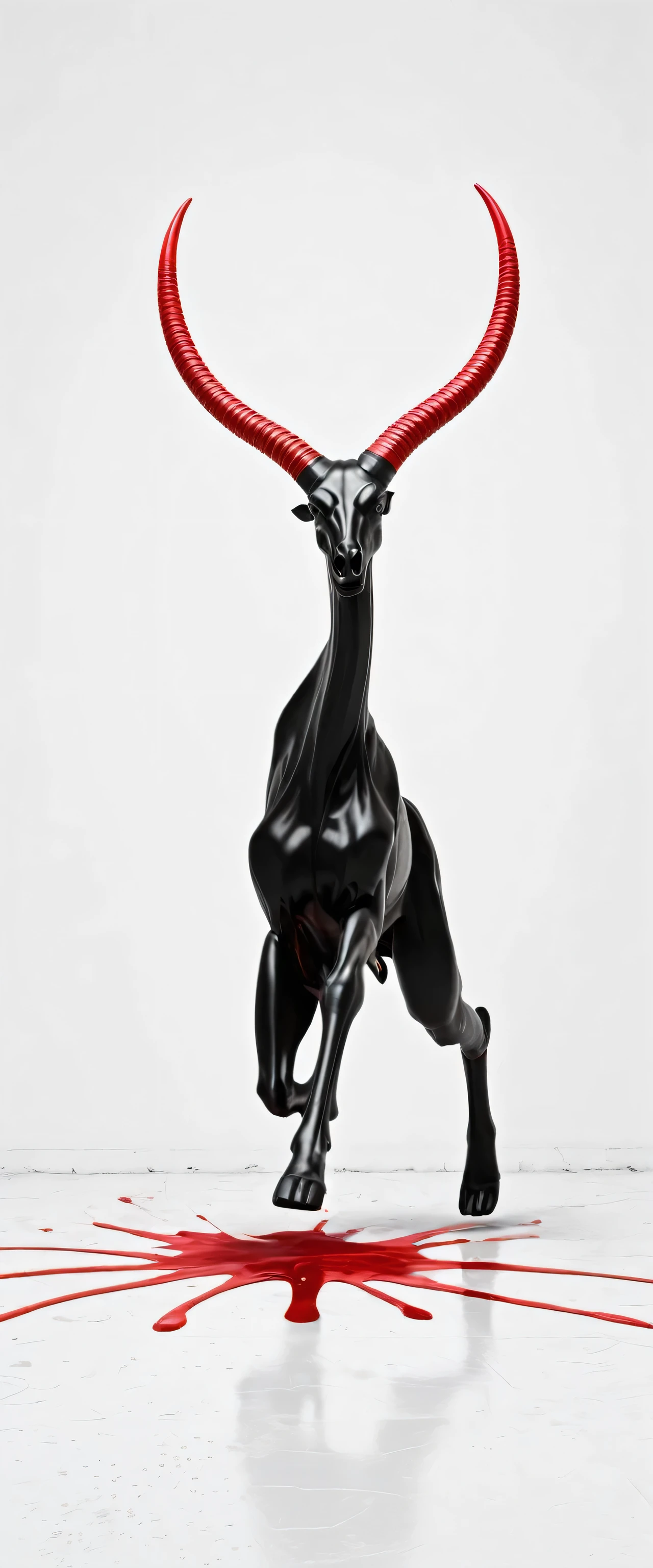 A strange and bizarre No arm and no leg disgusting being black with plastic texture with horns on a white background 3d In a distorted background and red paint on the floor running down and things decaying 3d