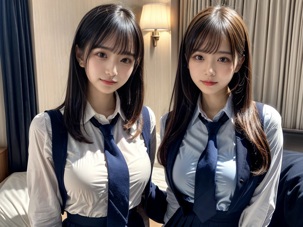 (8K, Raw photography, top-quality, masterpiece:1.2), ((3 beatiful girls))、.(Realistic Skins 1.4)、(((female high-school student、School Uniforms、)))、{{(The background is a luxury hotel room}}((School Uniforms、white Cutter shirt、darkblue pleatedskirt))、((long hair))、((One has short hair)),(A dark-haired、The forehead is hidden by bangs、)、Black eyes、shinny skin.Beautiful delicate face、Beautiful delicate eyes、{Voluptuous body shape、Thicker thighs}、One piercing in each ear,((large breasts)), ((navy blue tie)) ,looking at camera, ((close up))