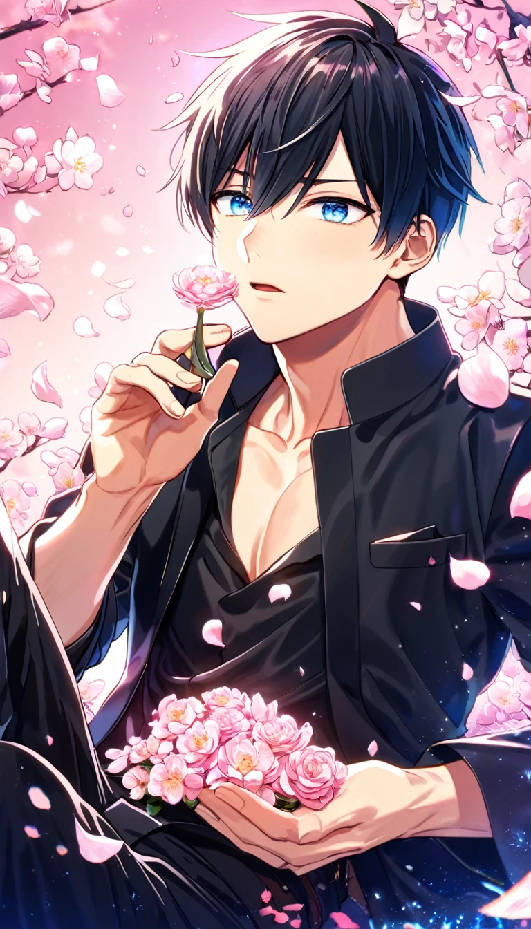 absurdres, highres, ultra detailed, HDR, master piece, best quality, Uenoyama Ritsuka, black hair, short hair, expressive blue eyes, Given, solo, sexy man, handsome, black jacket, black shirt, sitting, pink butterflies, petals, pink flowers, magical, fantasy, glittering, pink background