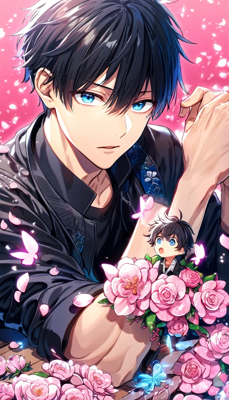 absurdres, highres, ultra detailed, HDR, master piece, best quality, Uenoyama Ritsuka, black hair, short hair, expressive blue eyes, Given, solo, sexy man, handsome, black jacket, black shirt, sitting, pink butterflies, petals, pink flowers, magical, fantasy, glittering, pink background