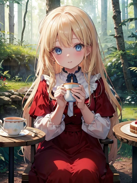 (8k, highest quality, Tabletop:1.2)、Ultra-high resolution, Detailed face, One 65-year-old woman, blue eyes, Blonde, Long Hair, Red dress, blue sky, in the forest, wood々, table cloth, Set of cake and tea on the table, Sit on a chair