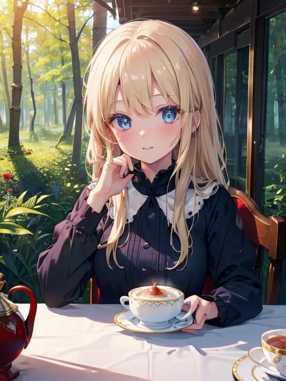 (8k, highest quality, Tabletop:1.2)、Ultra-high resolution, Detailed face, One 65-year-old woman, blue eyes, Blonde, Long Hair, Red dress, blue sky, in the forest, wood々, table cloth, Set of cake and tea on the table, Sit on a chair