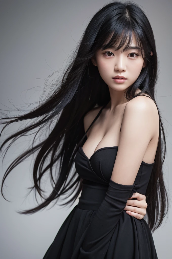 One girl, Portraiture, Black Hair, Very long hair,