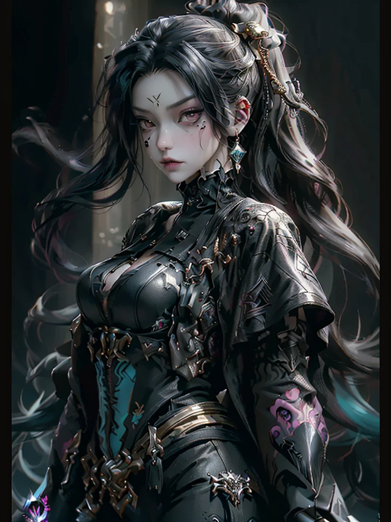 a close up of a person with an evil look on their face, octane trending on cgsociety, goth girl, very stylized character design, instagram art, sticker art, character is covered in liquid, realistic proportions sfw, unique hair designs, dynamic pose realistic, gold and black color scheme, animated movie shot, ui card, krenzcushart