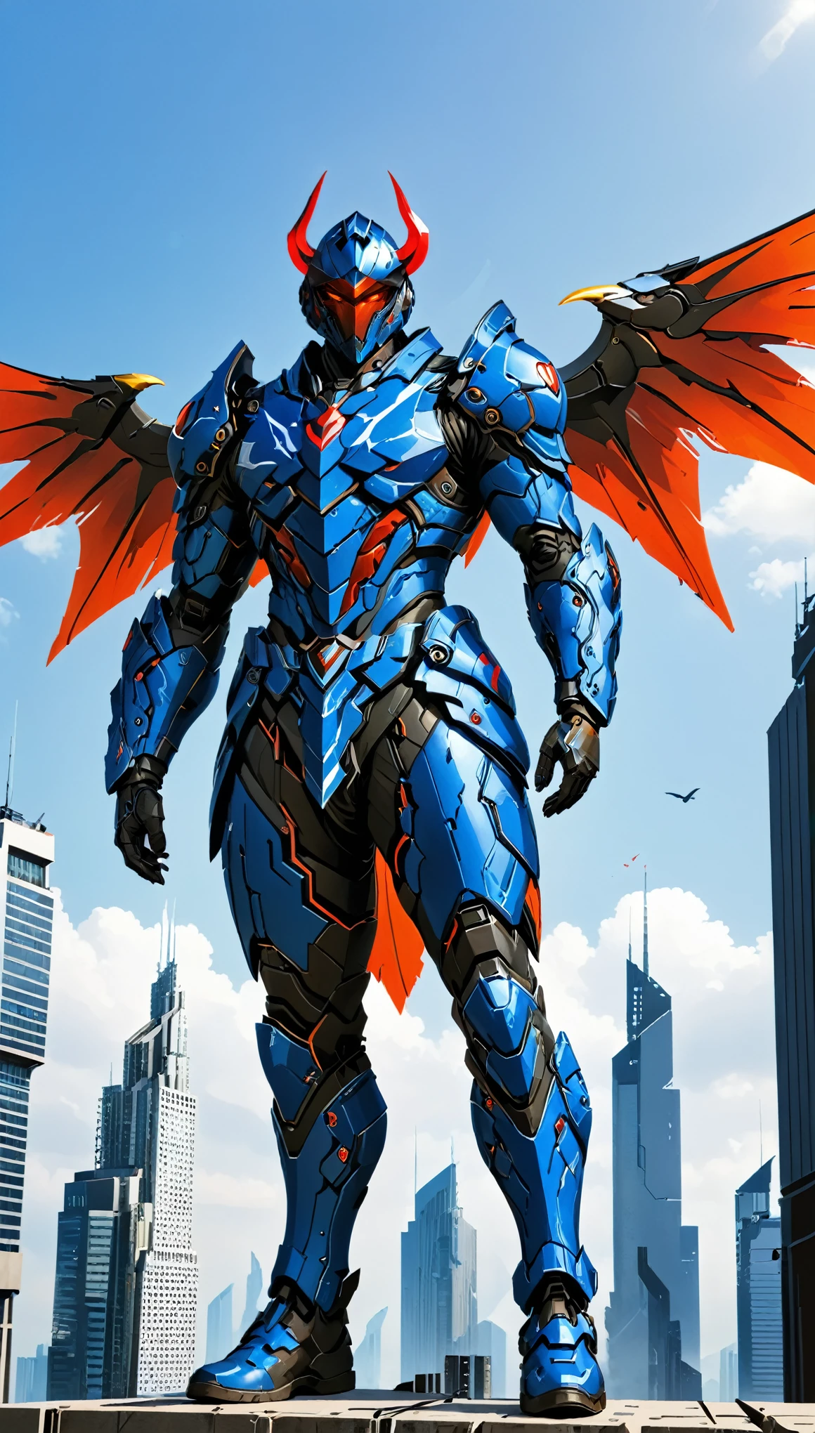 A man wearing a full-face helmet, a fantasy-style biotech armored combat suit, green eyes, (a composite layered chest armor), fully enclosed shoulder guards, matching arm and leg guards, the belt is adorned with 666 mark, (the color scheme is primarily blue with red and black accents), the design balances heavy with agility, a high-tech bio-mecha armor, (Armor Concept Inspired by Demon, the huge demon wings, stand on the top of a skyscraper in a futuristic sci-fi city), this character embodies a finely crafted fantasy-surreal style armored hero in anime style, exquisite and mature manga art style, (battle damage, element, plasma, energy, the armor glows), ((male:1.5)), metallic, real texture material, dramatic, high definition, best quality, highres, ultra-detailed, ultra-fine painting, extremely delicate, professional, perfect body proportions, golden ratio, anatomically correct, symmetrical face, extremely detailed eyes and face, high quality eyes, creativity, RAW photo, UHD, 32k, Natural light, cinematic lighting, masterpiece-anatomy-perfect, masterpiece:1.5