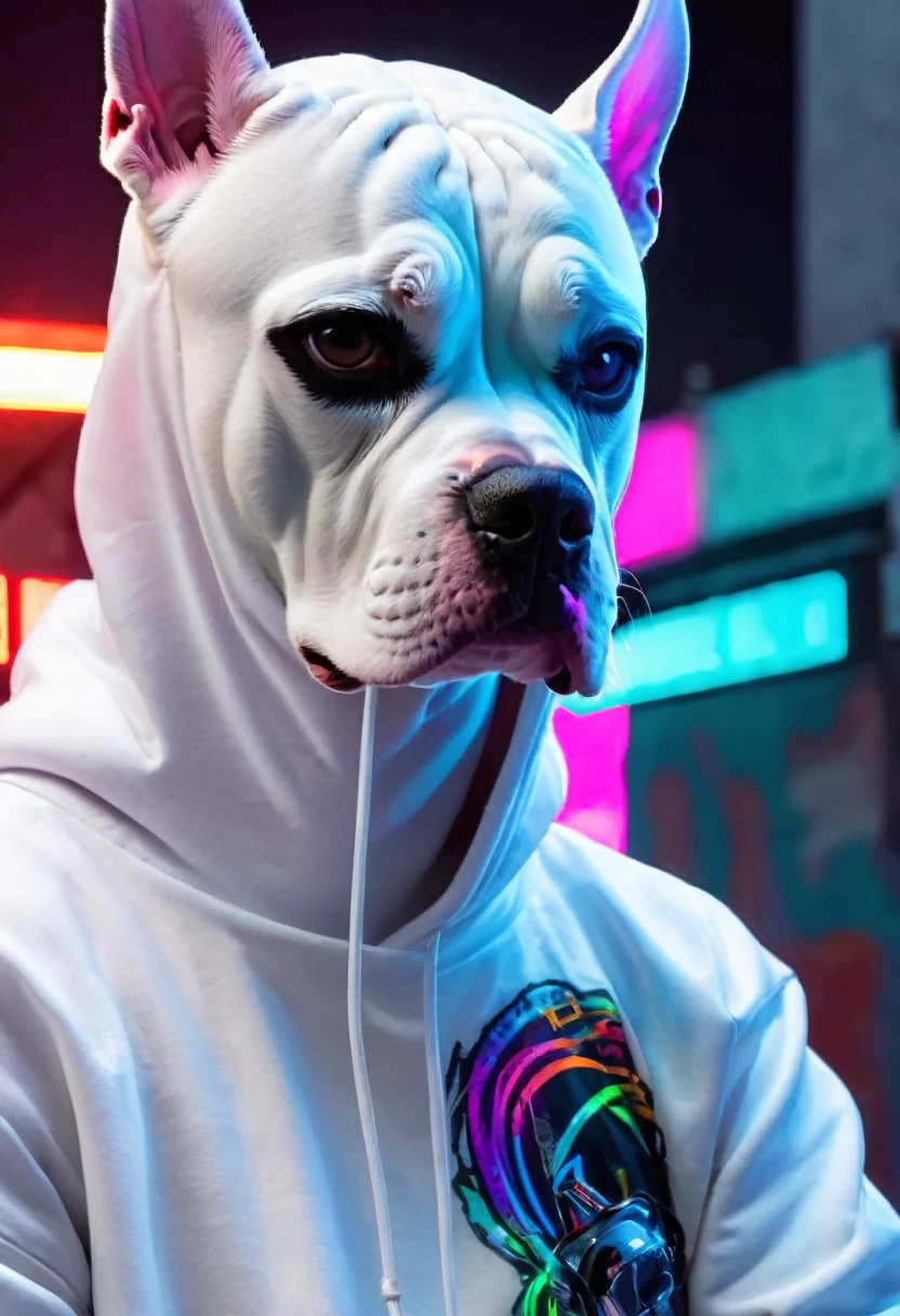 arafed man in a white hoodie with a neon mask on, neon, Profile photo, Lack of life, cara cara, neon operator, neon lit, ( ( cyberpunk ) ), nightlife, a house in the background with graffitied walls, accompanied by an angry pit bull dog,
