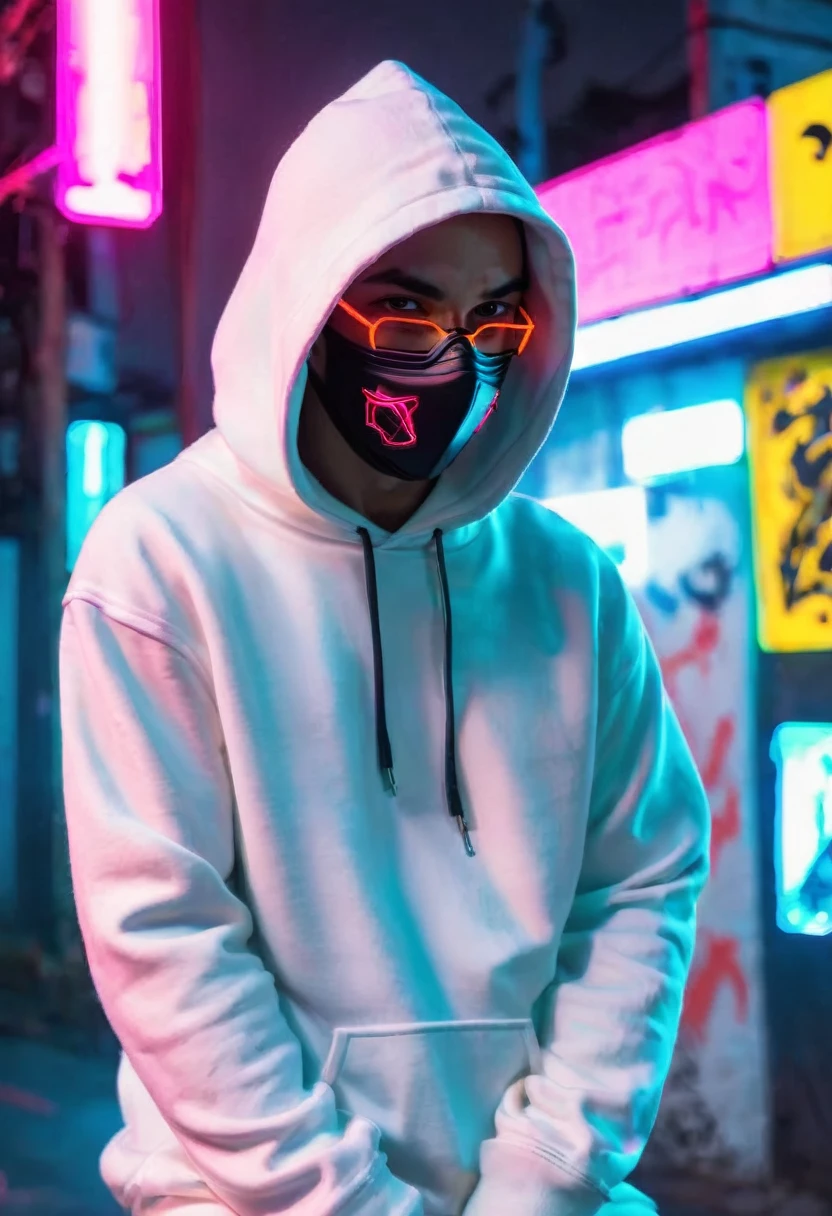arafed man in a white hoodie with a neon mask on, neon, Profile photo, Lack of life, cara cara, neon operator, neon lit, ( ( cyberpunk ) ), nightlife, a house in the background with graffitied walls, accompanied by an angry pit bull dog,