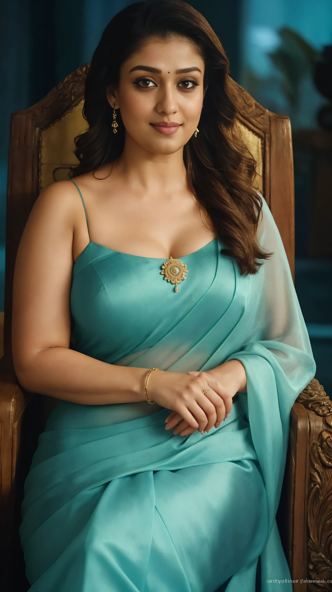 night scene, close up photo of nayanthara, curvy, hourglass figure, swooping breasts, royal pose on throne, look at viewer and subtle smile, satin silk blue saree, sultry, 36 yo, HD, 4k, ultra high quality, (cinematic:1.3), intricate details, (ArtStation:1.2)