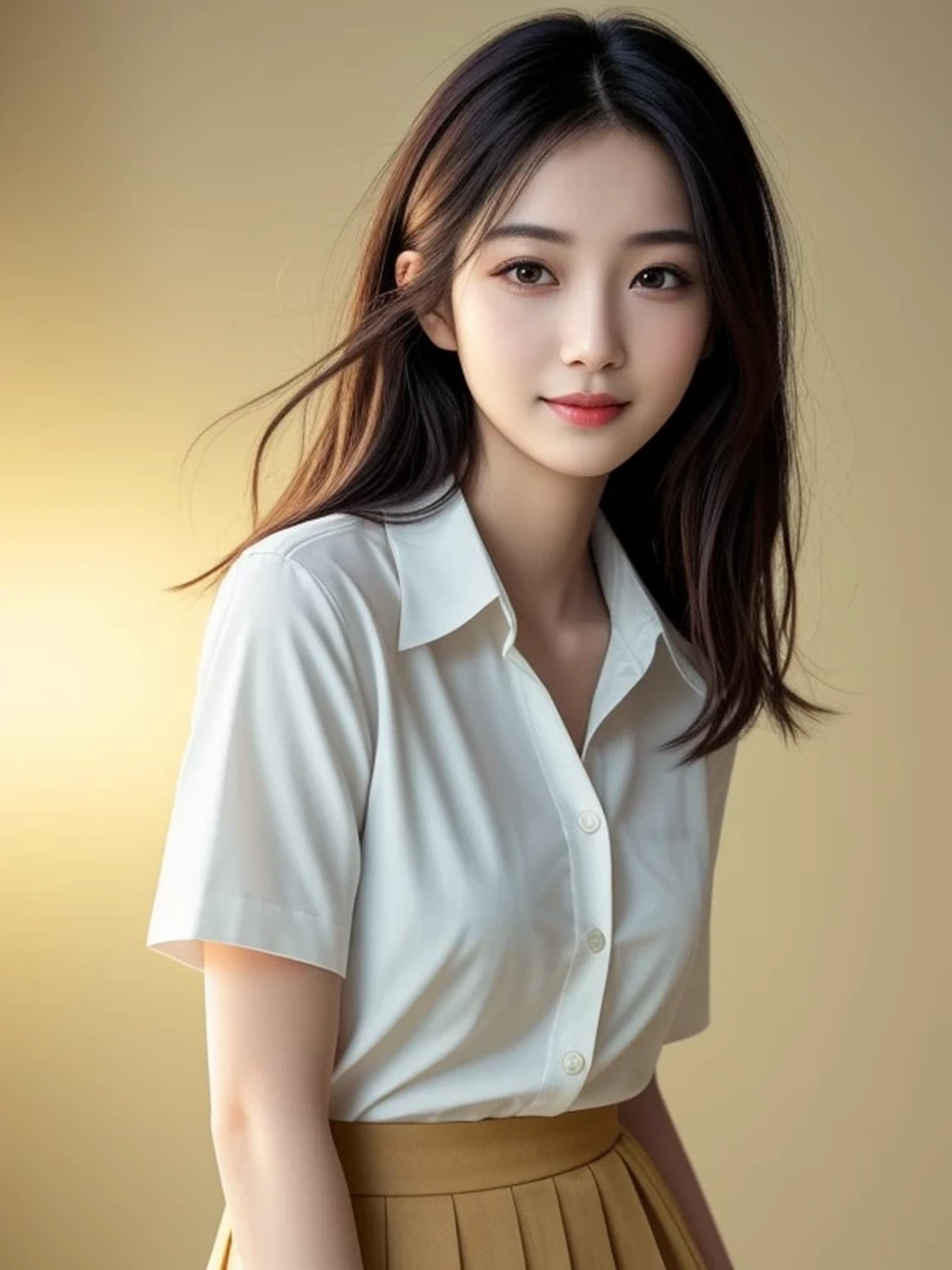 Beautiful Japanese Woman, Soft skin and a nice perfect face, A small face with a nose and rosy lips, Beautiful Eyes, Beautiful smile. black, Surrounded by a bright, ethereal glow、Thin, long, beautiful hair. A loose, short hairstyle with gradation highlights and layers of greyish beige, Navy band collar shirt x yellow houndstooth flare skirt, Bright neon colorful background, Hyperrealistic female photos, High quality high resolution 8K masterpiece