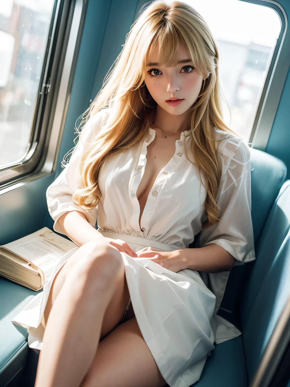 8K、Photo image masterpiece、highest quality、Super-resolution、(Detailed RAW Photos of Girls)、 (Highest quality:1.6)、(Ultra-high resolution:1.5)、(Real:1.75)、 (RAW Photos:1.2)、(Realistic:1.4)、Beautiful detailed woman、masterpiece、Exquisite Function 、Delicate eyes、Delicate blonde hair、8K quality、Pale light and shadow、Dindal effect、Low angle view from the feet、A woman being molested、Voyeur、Beautiful woman with golden, messy curly hair、((Blonde beauty))、With bangs、Impossibly cute face、And slim、Small breastessy blonde、With bangs、Random Hairstyles、((A photo from the delicate feet)、、Very narrow waist、Very detailed eyes and face、Beautiful fine details、(She is looking at the window)、((A light white summer blouse and a white skirt))、Very detailed、CG、Unified、The finer details、Light on the face、sunglasses、Cinema Lighting、One 23 year old woman、((Inside a crowded train、A woman sitting in the seat directly in front of me with her legs together、The legs are completely closed、Anxious expression))、((Men on both sides、The pervert on the right touches her thighs.、The perverted man on the left is touching her breasts.))、Wearing high heels、White Stockings、garter belt、Lighting from below、The inside of the skirt is also clearly visible.、Liked images、Voyeur: T-back panties of random colors and shapes peeking out from under a skirt