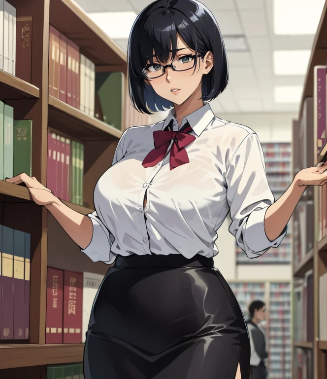 (library)、Super detailed illustrations、Super precise expression、masterpiece、highest quality、ultra high resolution、high resolution、(Sweat、body fluid)、shiny skin、(black hair、short cut hair、glasses)、shirt、Standing picture、skirt、