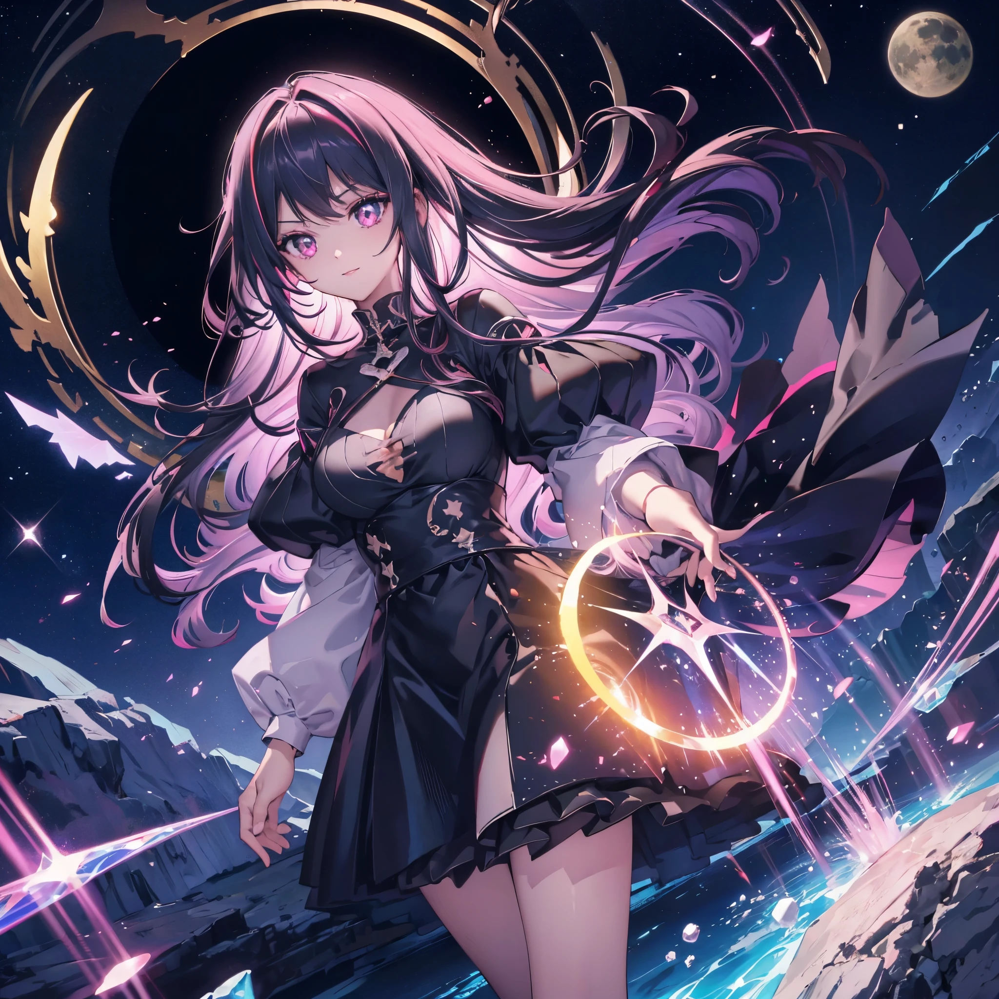 ((Fantasy Long Hair Pink Eyes Rainbow Hair Black Dress Archangel)) ((night Western style Shining Aura Face is close ))Distorted Space-Time explosion rupture Hold the crystal and hold it up to the sky Broken glass Big white ribbon Big Moon First magnitude star Light shines in Catch the wind Tense face Shining Edge Reflection of light Bathed in light Emit an aura Look over smile On the water horizontal line constellation Planetarium