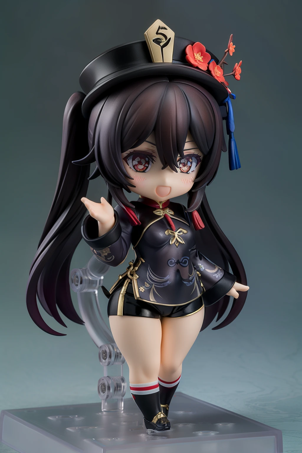 Masterpiece, hd, hutao_genshin, black shorts, :d, flower, black headwear, very long hair, long hair, twintails, brown hair, shoes, red eyes, black footwear, small breasts, chibi, ((cowboy shot)), hair between eyes, sidelocks, symbol-shaped pupils, smile, solo, hat, short shorts, shorts, chinese clothes, open mouth, socks, kneehighs, white socks, hat ornament, long sleeves, 1girl, blush, looking at viewer, (thighs), ((curvy body)), ((street)), (white socks), medium breasts, standing, nendoroid