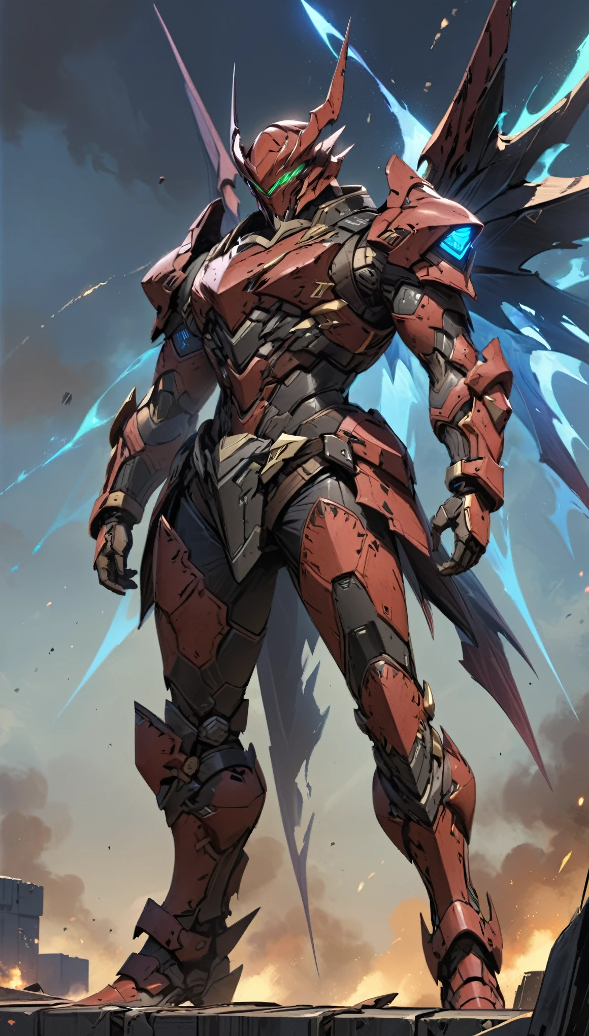 A man wearing a full-face helmet, a fantasy-style biotech armored combat suit, green eyes, (a composite layered chest armor), fully enclosed shoulder guards, matching arm and leg guards, the belt is adorned with 666 mark, (the color scheme is primarily blue with red and black accents), the design balances heavy with agility, a high-tech bio-mecha armor, (Armor Concept Inspired by Demon, the huge demon wings, stand on the top of a skyscraper in a futuristic sci-fi city), this character embodies a finely crafted fantasy-surreal style armored hero in anime style, exquisite and mature manga art style, (battle damage, element, plasma, energy, the armor glows), ((male:1.5)), metallic, real texture material, dramatic, high definition, best quality, highres, ultra-detailed, ultra-fine painting, extremely delicate, professional, perfect body proportions, golden ratio, anatomically correct, symmetrical face, extremely detailed eyes and face, high quality eyes, creativity, RAW photo, UHD, 32k, Natural light, cinematic lighting, masterpiece-anatomy-perfect, masterpiece:1.5