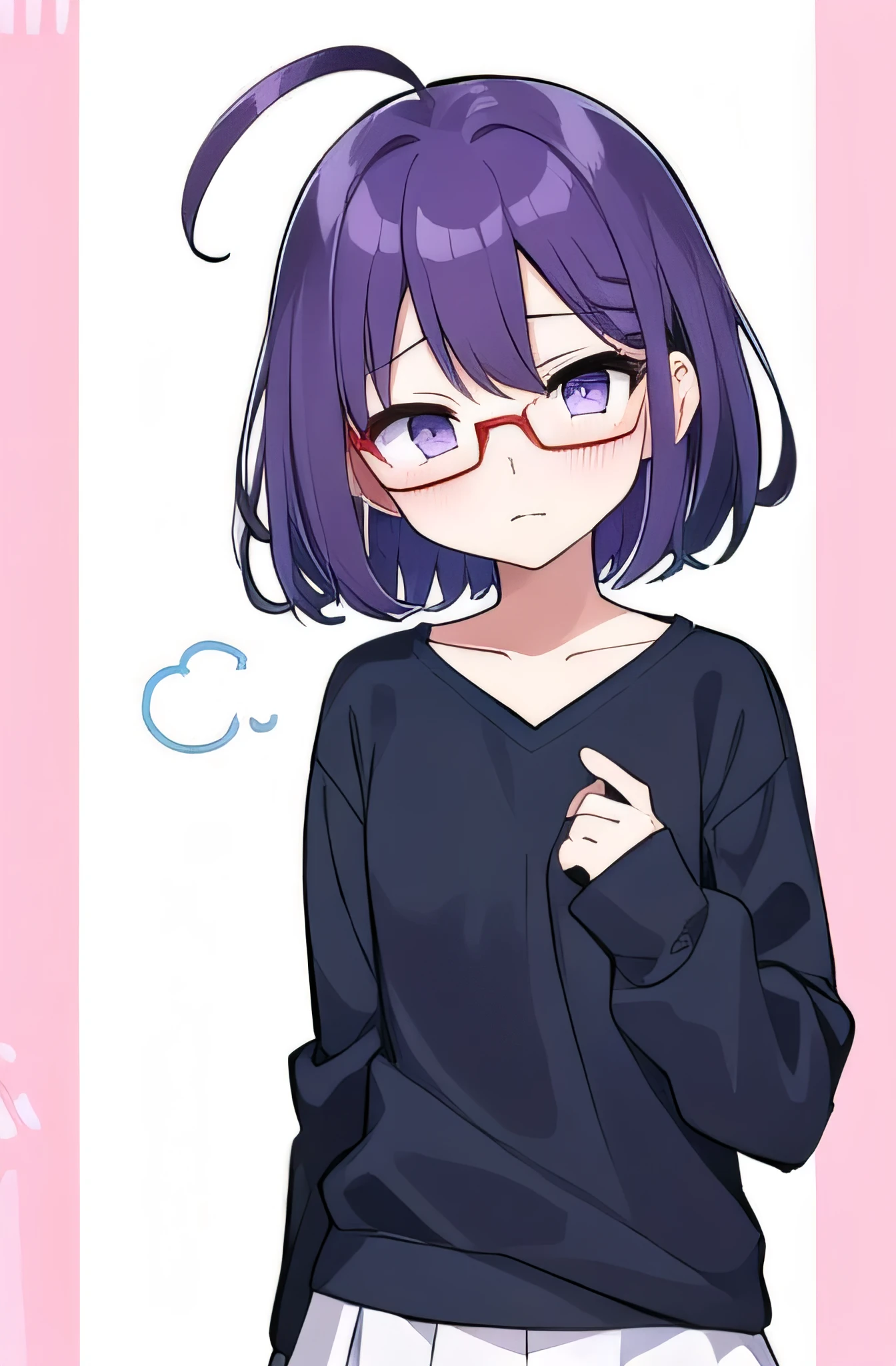 (Purple hair:1.4), gray eyes, white , navy blue miniskirt, 11 years old, short, short long hair, kind expression, shy, , almost no breasts, slightly exposed. hair,(flipped hair ), flipped hair, long sleeves, ahoge, girl alone, flipped hair, flipped hair, flipped hair, flipped hair, glasses with no edges, embarrassed, flat chest
