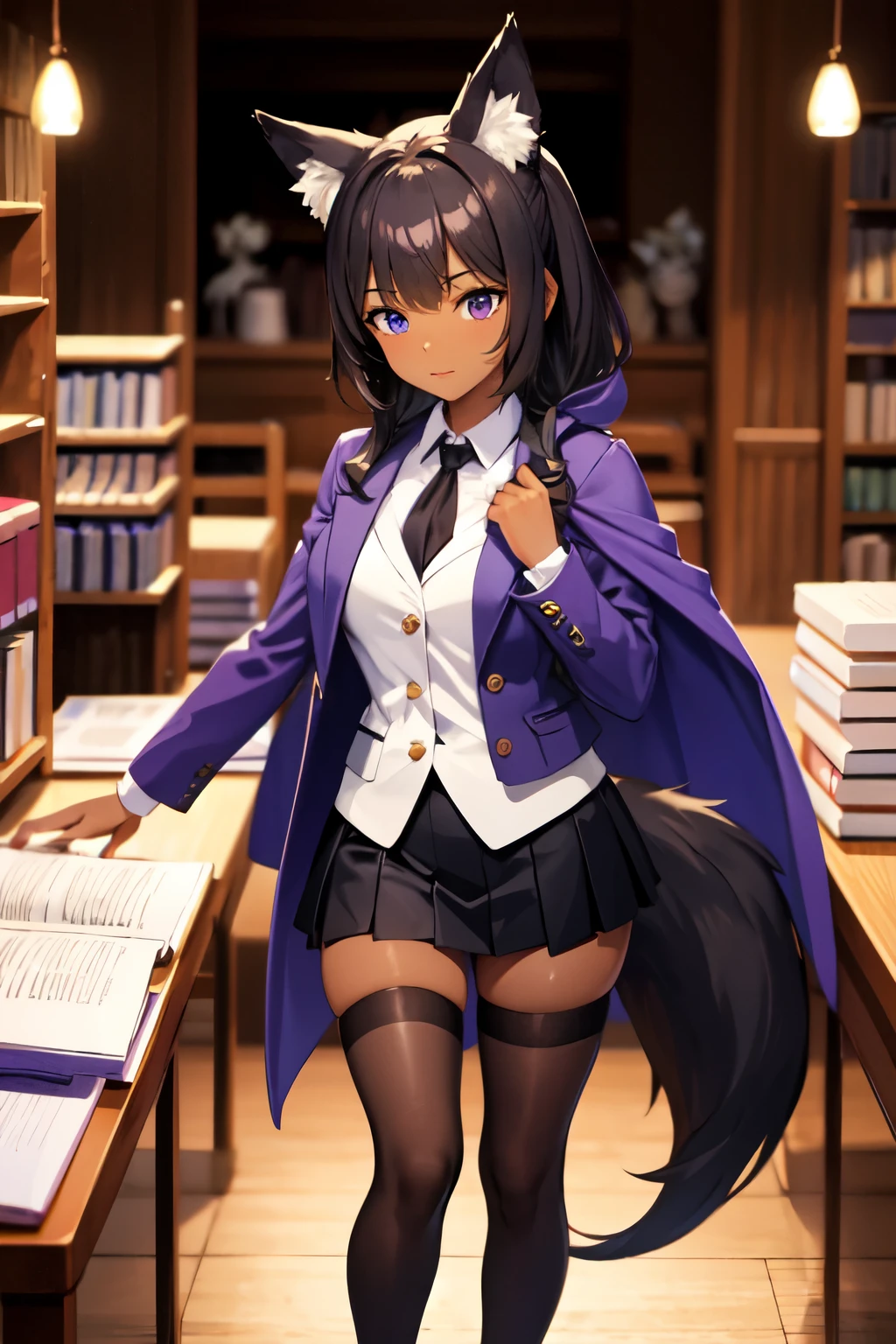 dark brown skin, tan skin, woman, tall, wolf ears, big wolf ears, wolf tail, button up jacket, short skirt, dark purple skirt, purple jacket, cape, buttons, shy, heterochromia, gold eye, purple eye, black hair, low ponytail, bangs, blue highlights, purple highlights, dark brown skin, tan skin, messy hair, shaggy hair, full stockings, striped stockings, awkward, library, zoroark