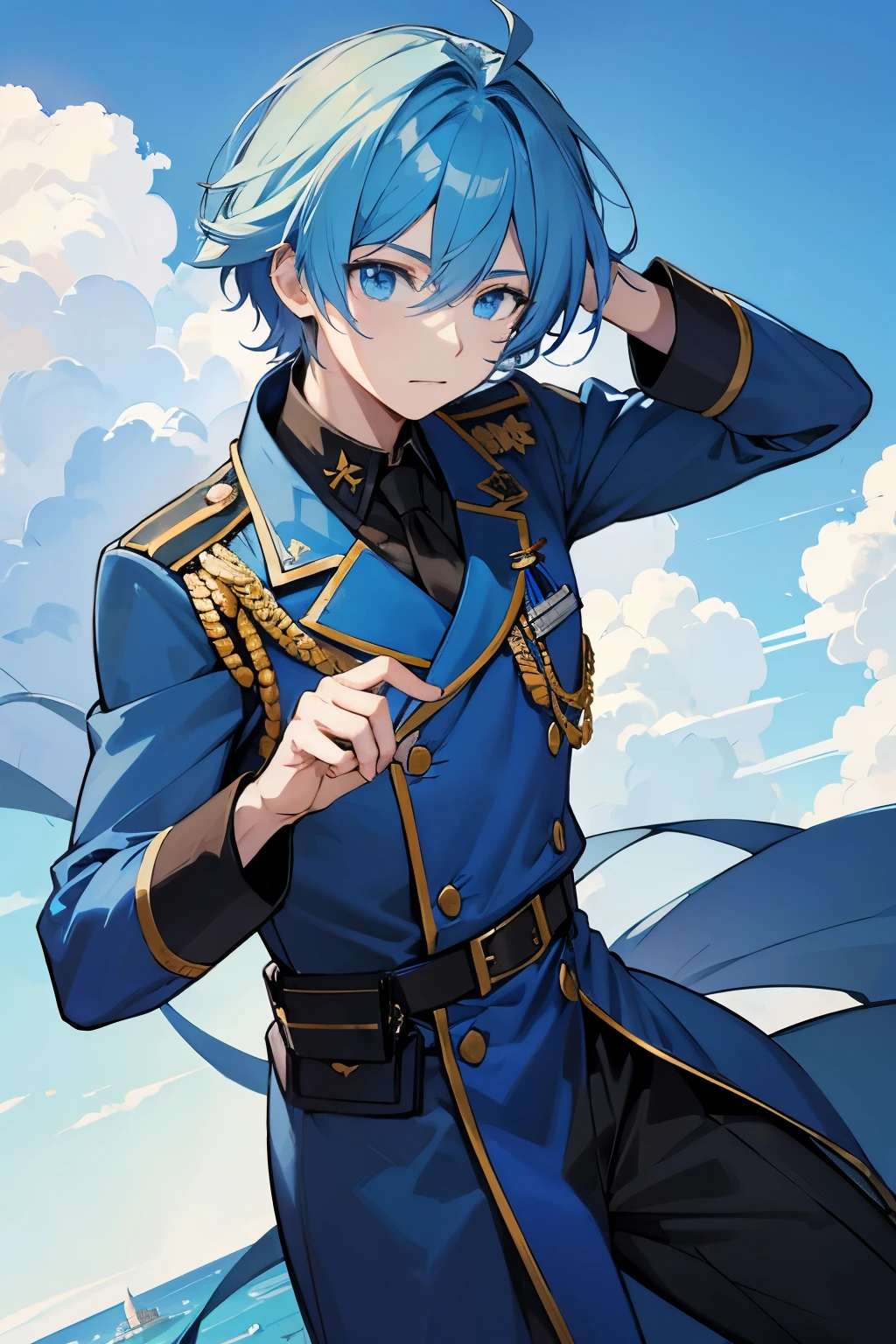 (absurdres, highres, ultra detailed), 1 male, solo, adult, strait pose, frontal, one earing, handsome, short light-blue hear, tall military hat in old russian imperor style, military deep blue coat, old russian imperor style, shy face, bright blue eyes, angular jaw, thick neck, thick eyebrows, military suit, complex details BREAK, visual novel style, main hero of the novel BREAK, serviceperson, visual novel style, different face emotions